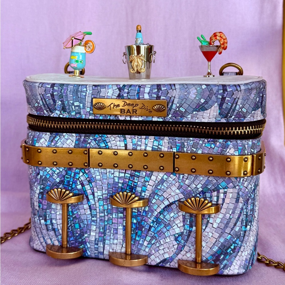 Betsey Johnson “Drink Like a Fish Dive Bar” crossbody bag with mermaid zipper